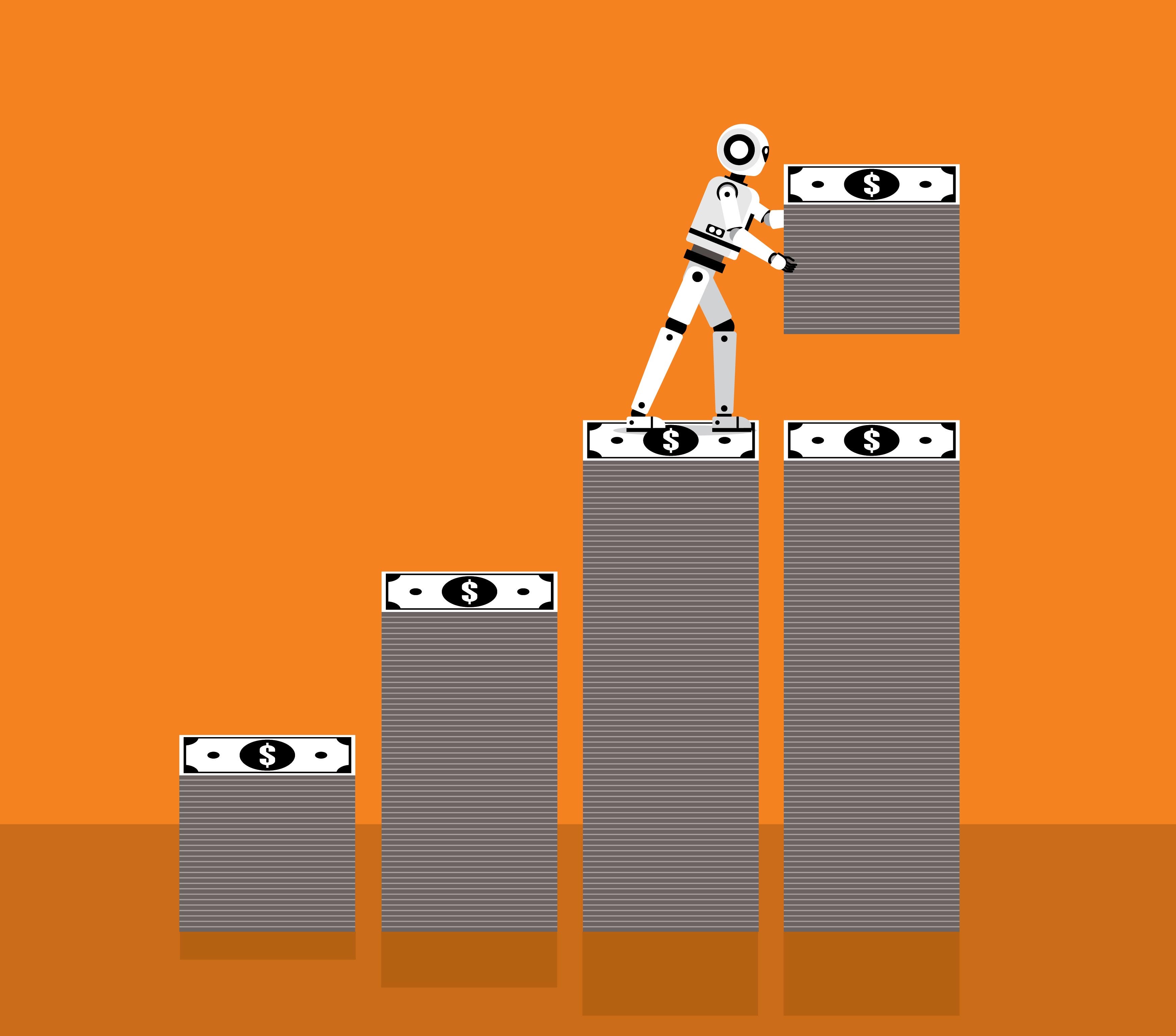 A robot stacking money is pictured.