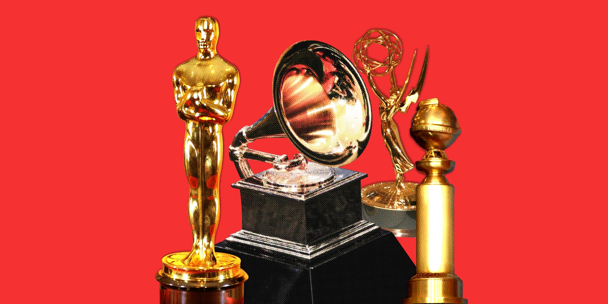 Photo collage of different awards, including an Oscar, a Grammy Award, an Emmy, and a Golden Globe.