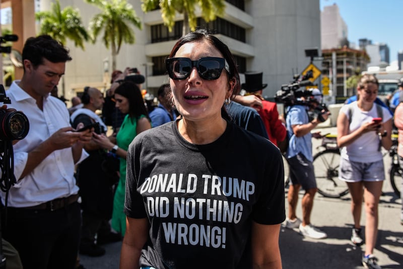 MIAMI, FLORIDA - JUNE 13: Laura Loomer, a right wing pundit and supporter of former U.S. President Donald Trump gathers outside the Wilkie D. Ferguson Jr. United States Federal Courthouse where former President Donald Trump is scheduled to be arraigned later in the day on June 13, 2023 in Miami, Florida. Trump is scheduled to appear in federal court for his arraignment on charges including possession of national security documents after leaving office, obstruction, and making false statements. (Photo by Stephanie Keith/Getty Images)