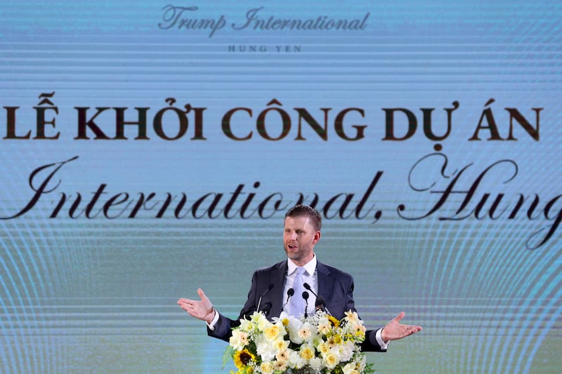 President Trump's son Eric Trump made a speech during the groundbreaking ceremony for the $1.5 billion Trump International, Hung Yen resort and golf course project in May.
