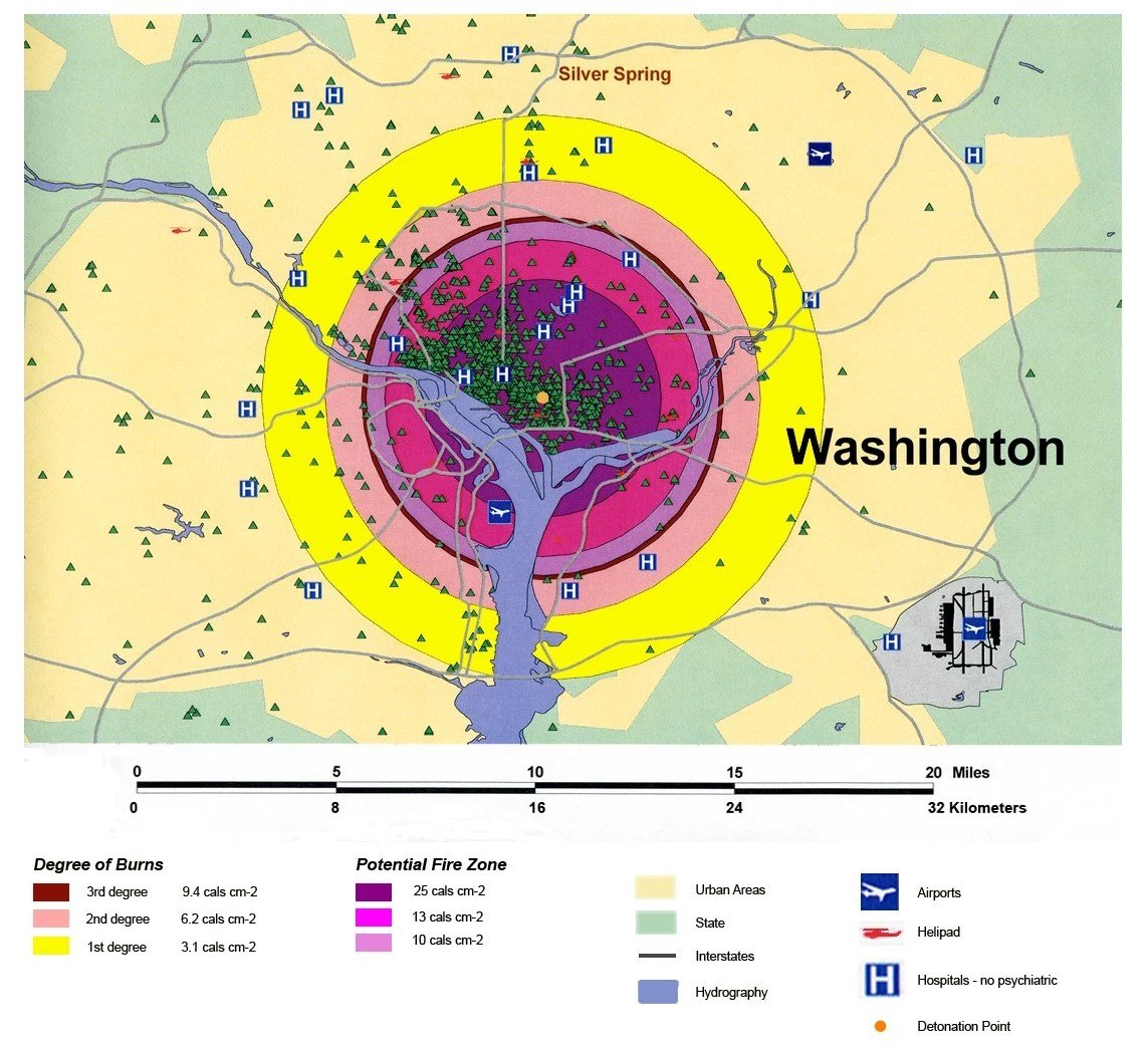 A map shows Washington, D.C., with circles from magenta to lighter purple to yellow around the city.