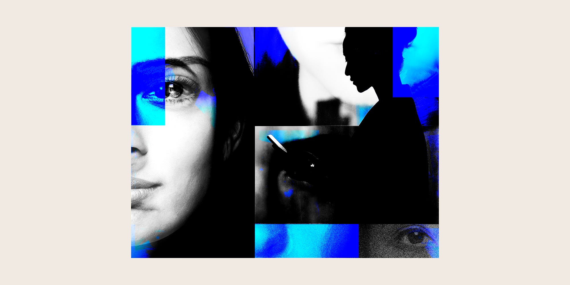 Distorted images of a woman's face and a silhouette of a woman texting.