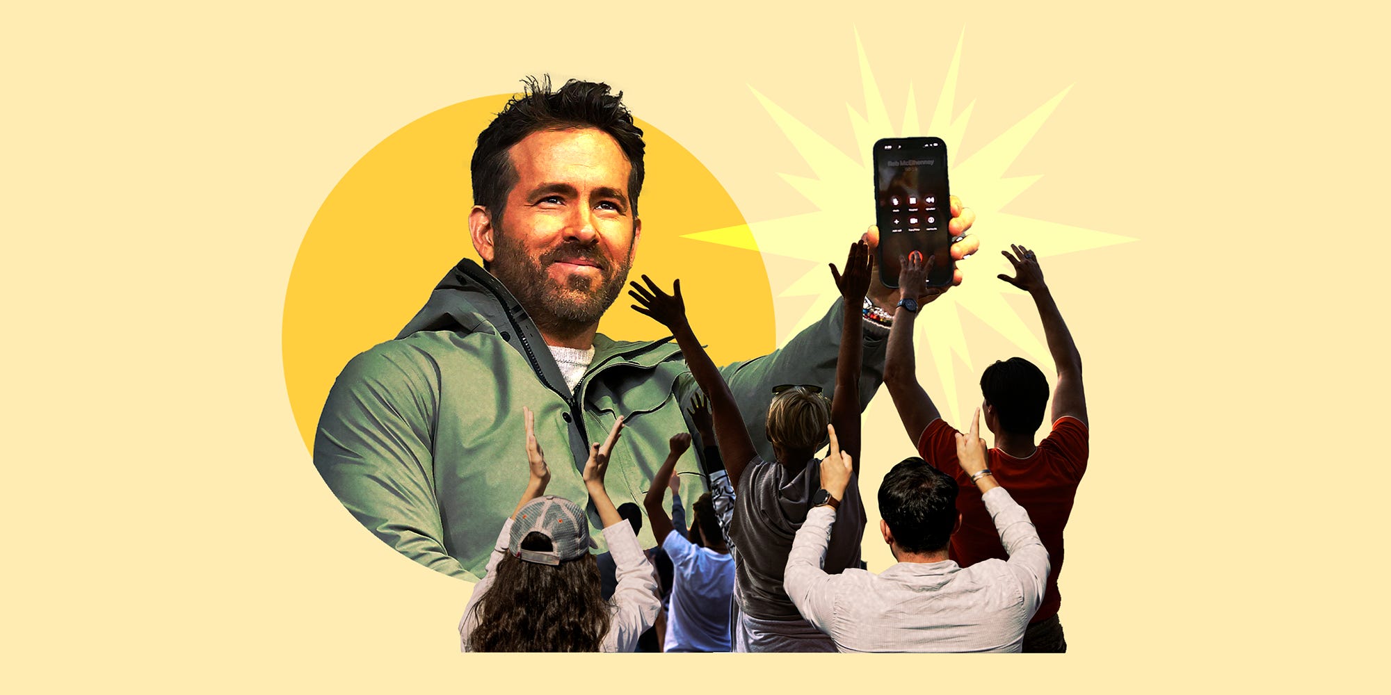 Photo collage of Ryan Reynolds holding a cellphone surrounded by cheering fans.