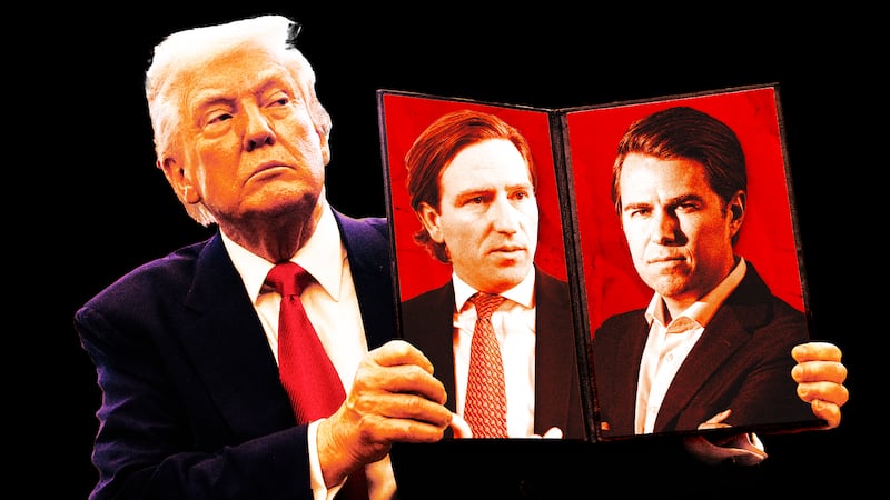 A photo illustration of President Donald Trump holding up an executive order with the faces of  Chris Krebs and Miles Taylor.