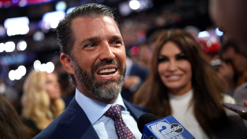 MILWAUKEE, WISCONSIN - JULY 15:  Donald Trump Jr., son of former U.S. President Donald Trump speaks to the media on the first day of the Republican National Convention at the Fiserv Forum on July 15, 2024 in Milwaukee, Wisconsin. Delegates, politicians, and the Republican faithful are in Milwaukee for the annual convention, concluding with former President Donald Trump accepting his party's presidential nomination. The RNC takes place from July 15-18. (Photo by Andrew Harnik/Getty Images)