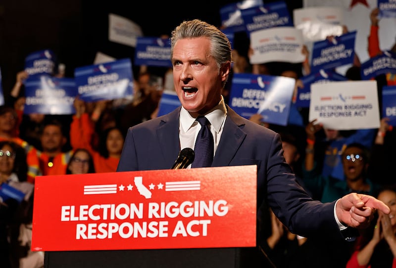 LOS ANGELES, CALIFORNIA - AUGUST 14: California Governor Gavin Newsom speaks about California redistricting plans at a press conference at the Democracy Center, Japanese American Museum on August 14, 2025 in Los Angeles, California. Newsom spoke about a possible California referendum on redistricting to counter the legislative effort to add five Republican House seats in the state of Texas. (Photo by Mario Tama/Getty Images)