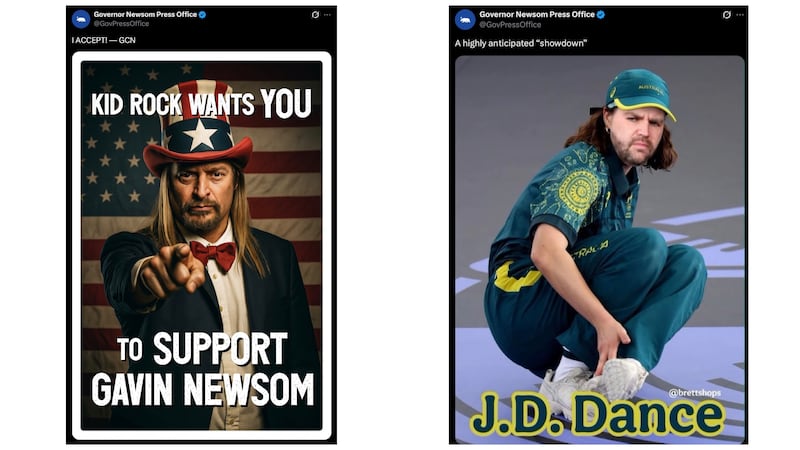 Collage of Gavin Newsom X posts.
