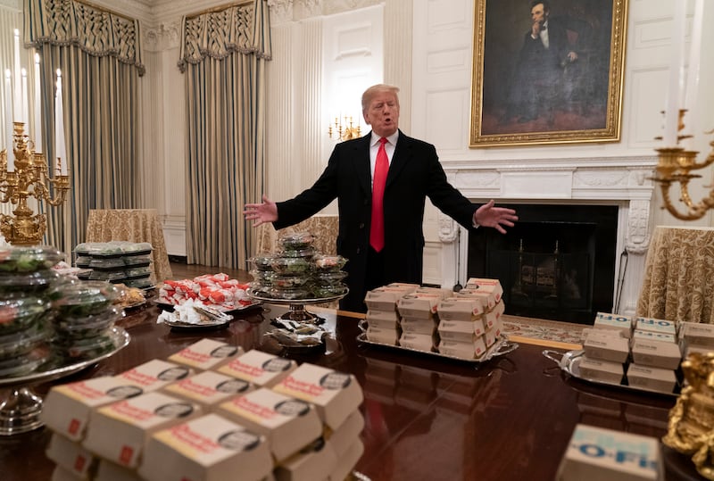 Trump presented burgers to the visiting Clemson Tigers in January 2019 after the won the college football national championship.