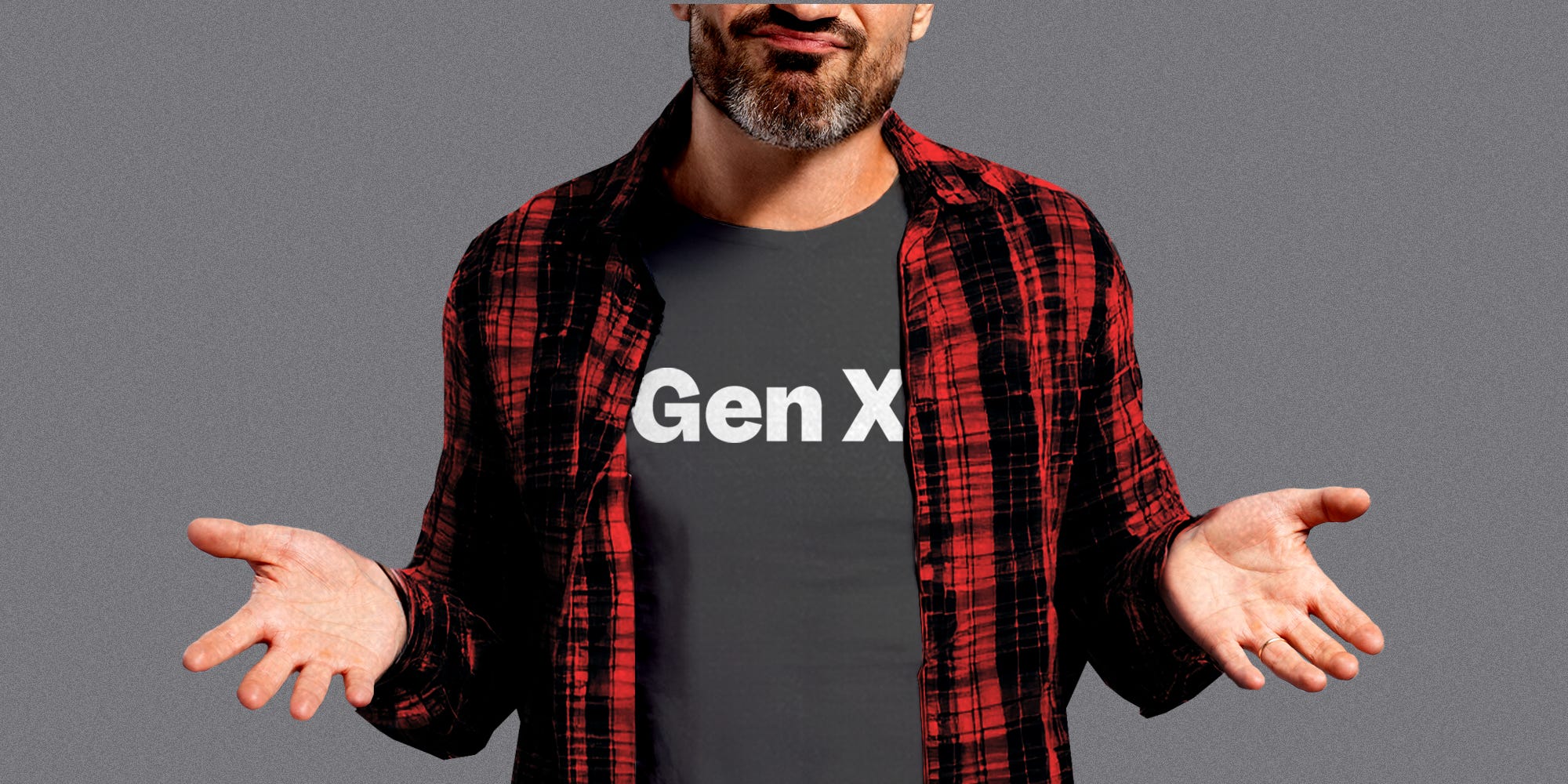 Older man in a flannel and T-shirt that reads "Gen X", shrugging shoulders.