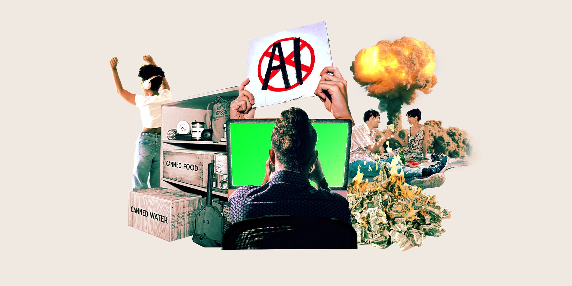 Collage of a tech worker on a computer, dancing woman, bunker food prep, "No AI" protester, couple toasting before an atomic blast, and burning cash.