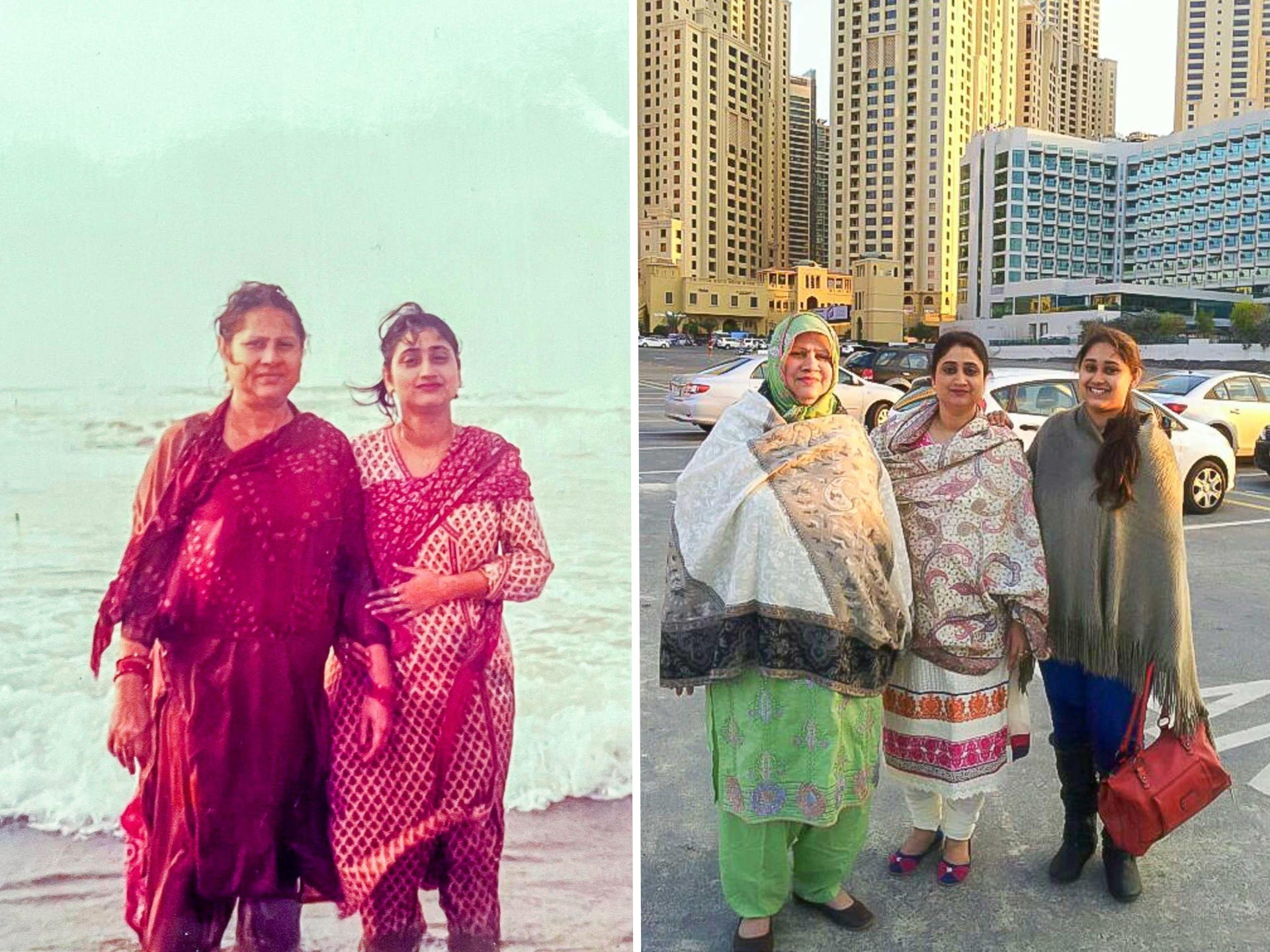 On the left: Varisha Tariq's grandmother and mother at the beach. On the right: the author with her grandmother and mother.