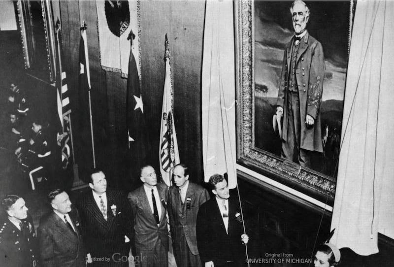 Gen. Maxwell Taylor and other dignitaries and guests at the unveiling of the portrait of Robert E. Lee at West Point's library on January 19, 1952