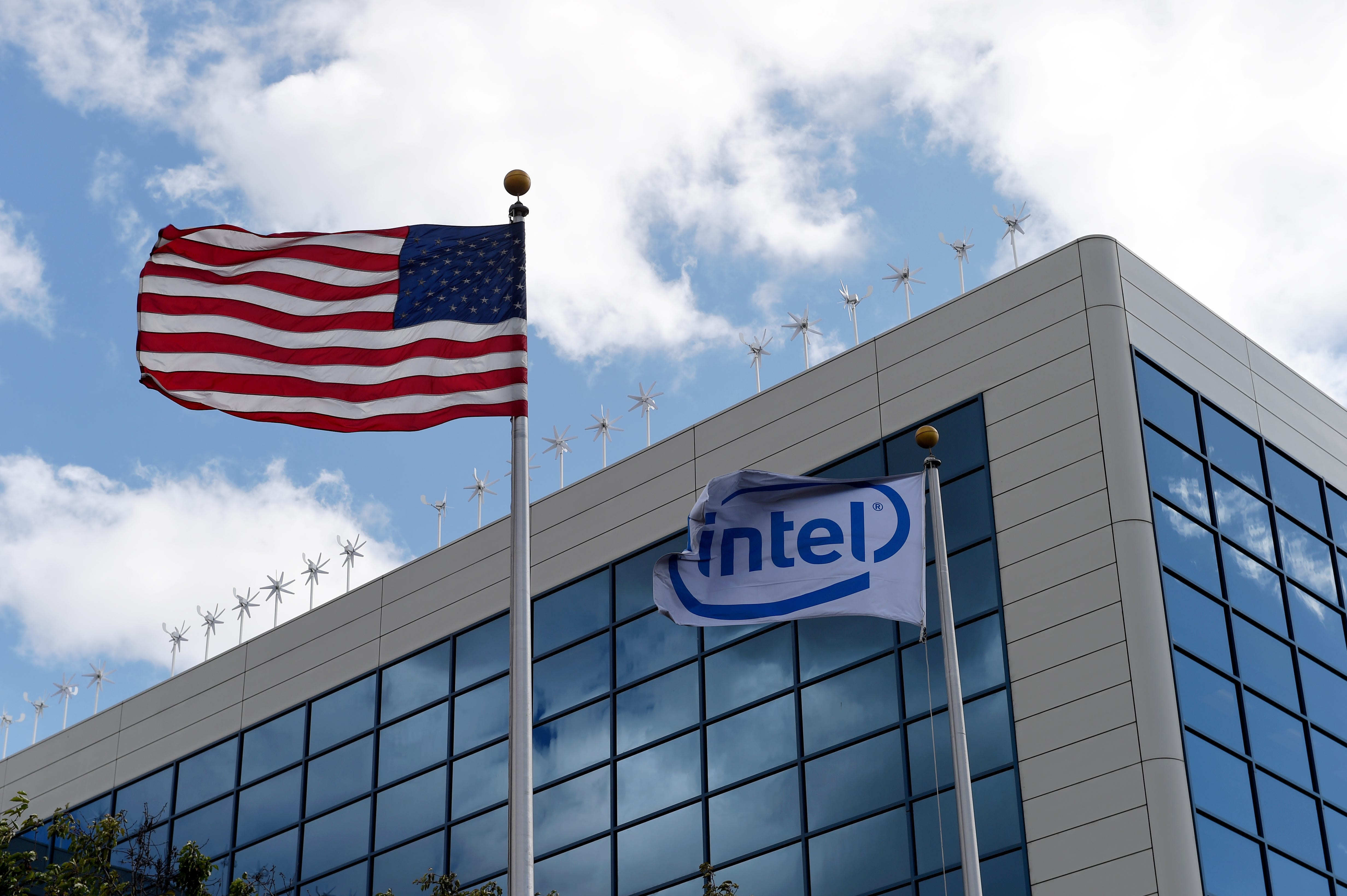 Intel building and American flag
