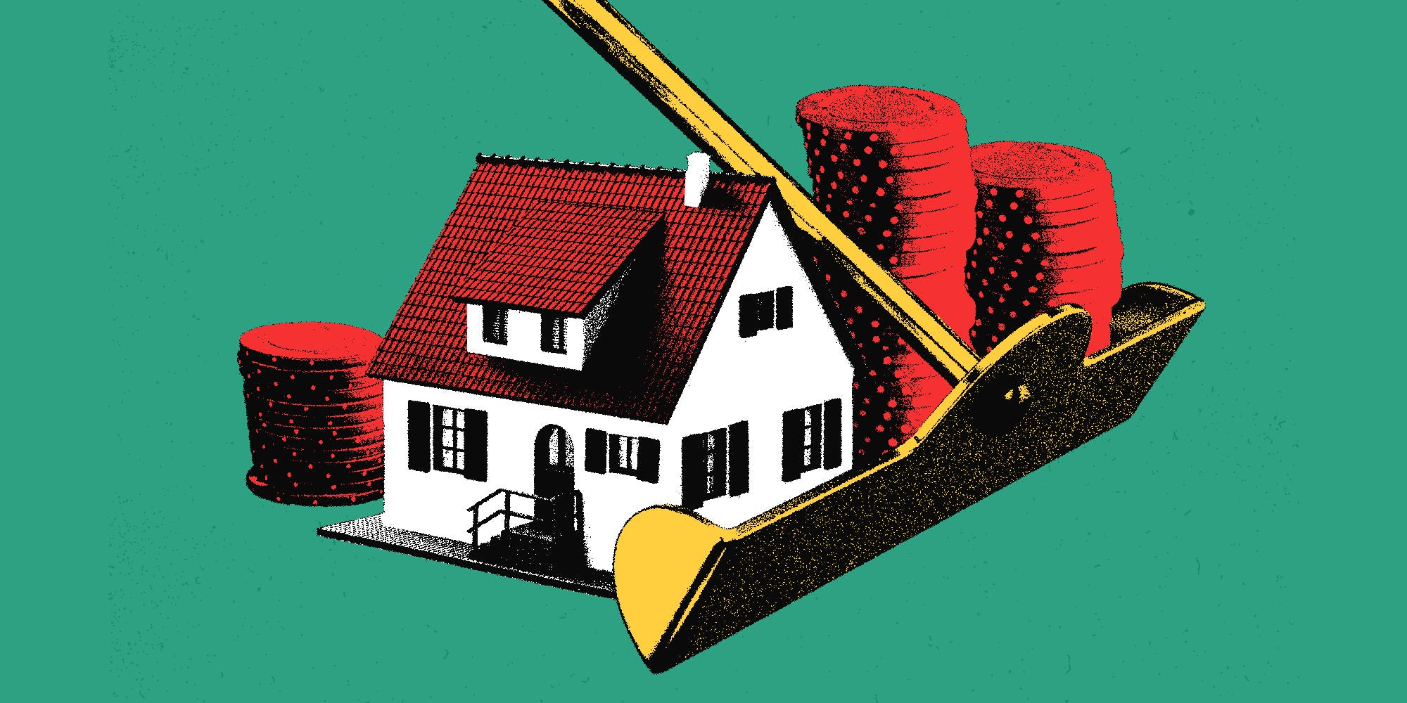 A poker rake pulling in chips and a house