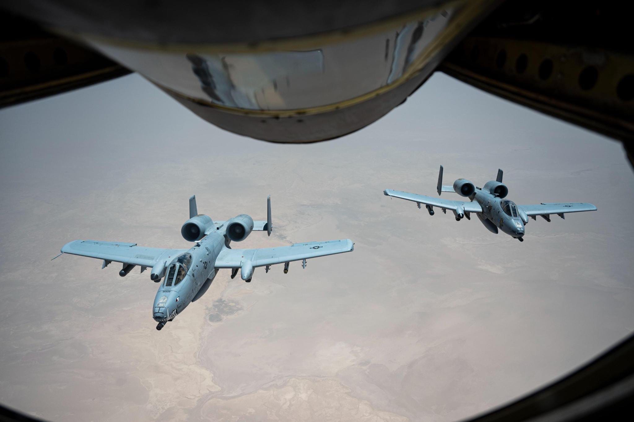A-10 attack aircraft operate above the Middle East in this photo released by the US military in July 2025.