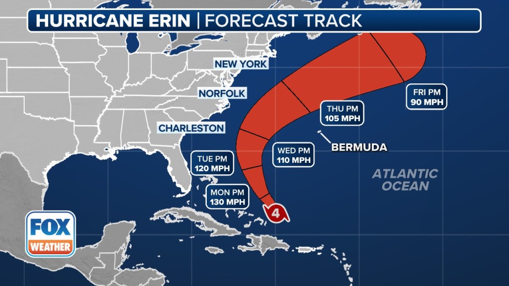 Hurricane Erin forecast track map.