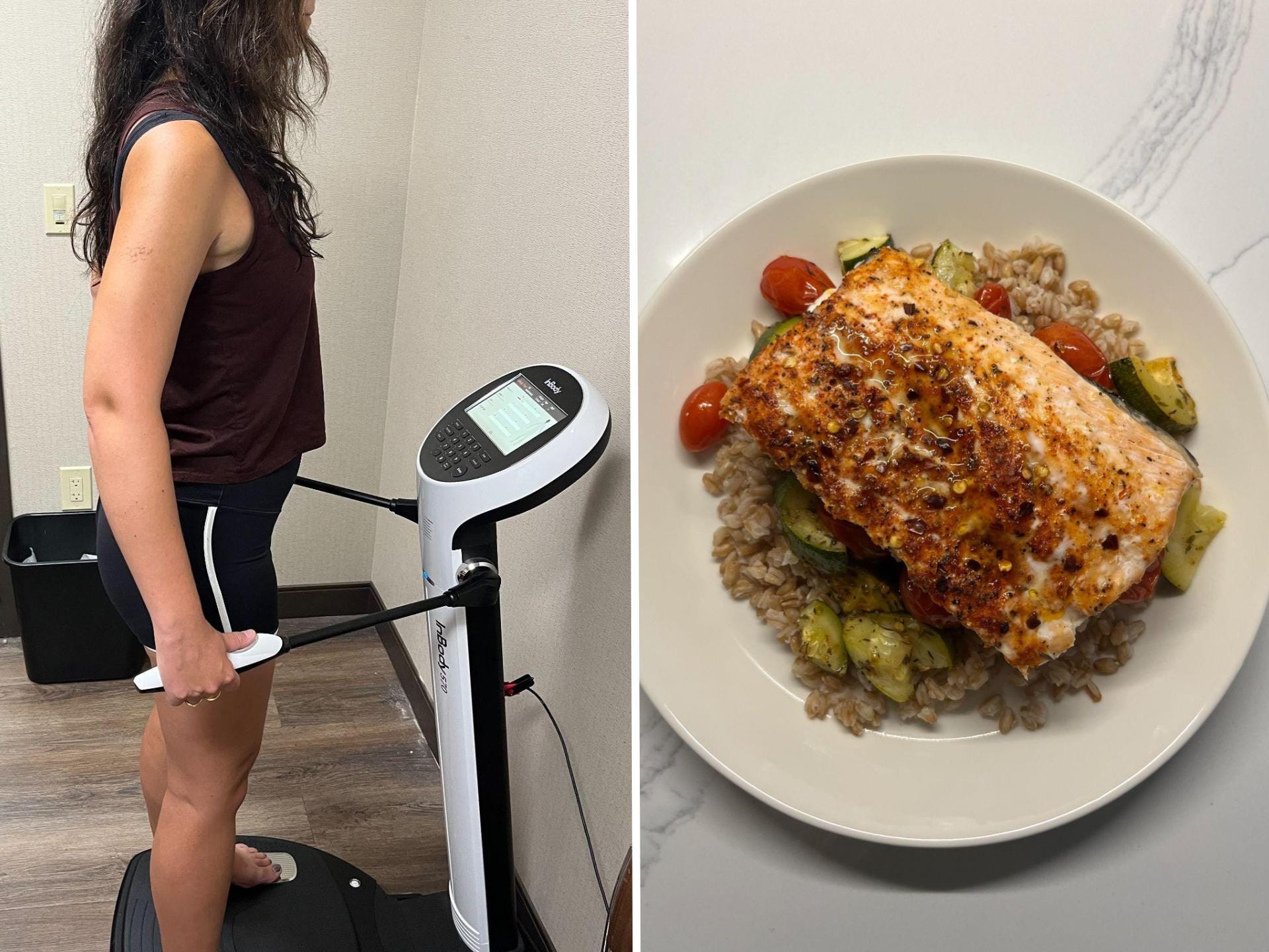 A woman doing a body composition analysis; salmon and veggies