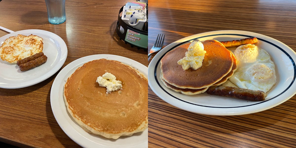 Composite of pancakes on plate next to plate with sausages, eggs next to image of pancakes on plate with eggs, sausages