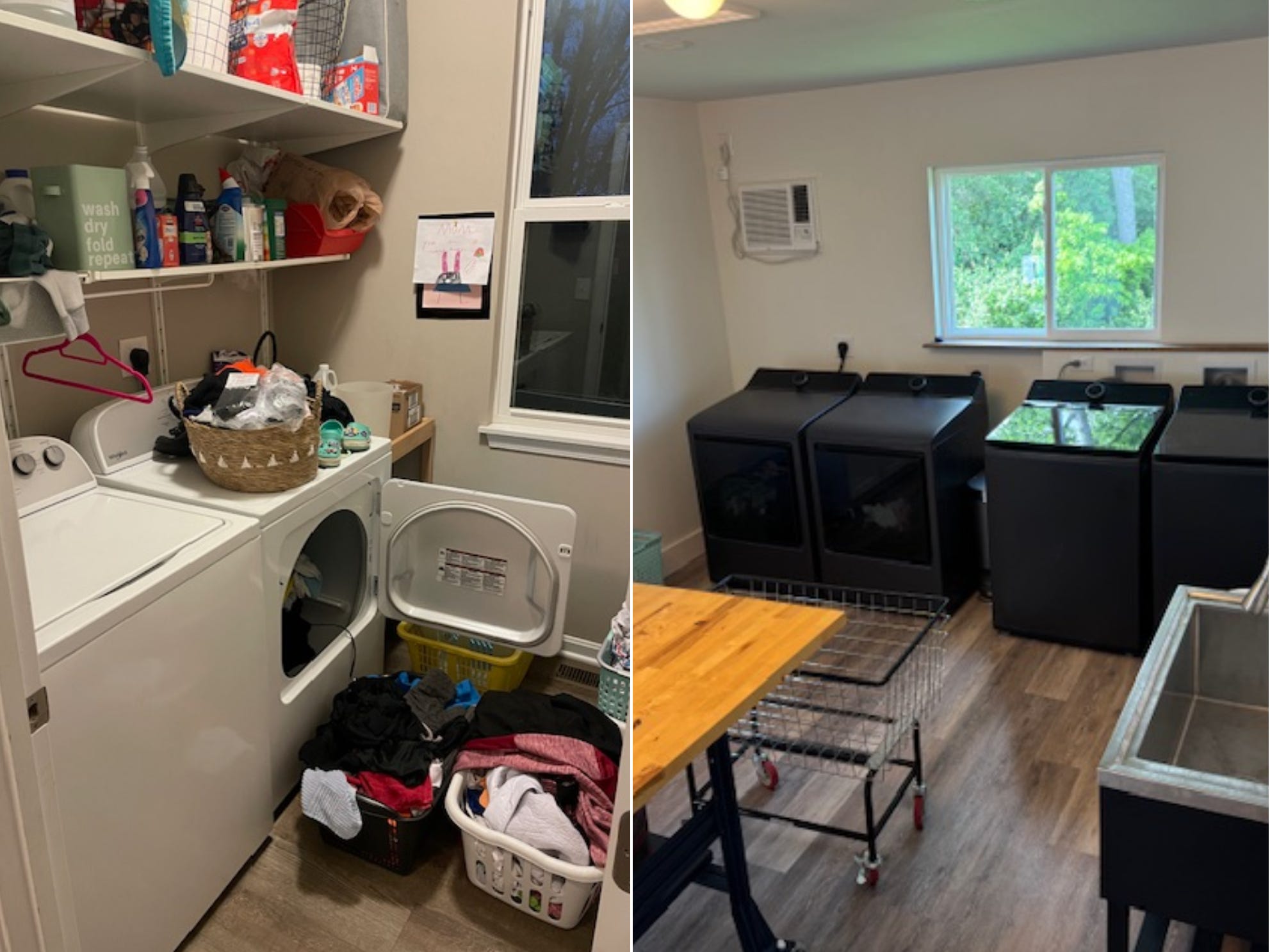 Composite image of the author's small laundry room on the left, and the author's new laundry room on the right with two washers and two dryers.