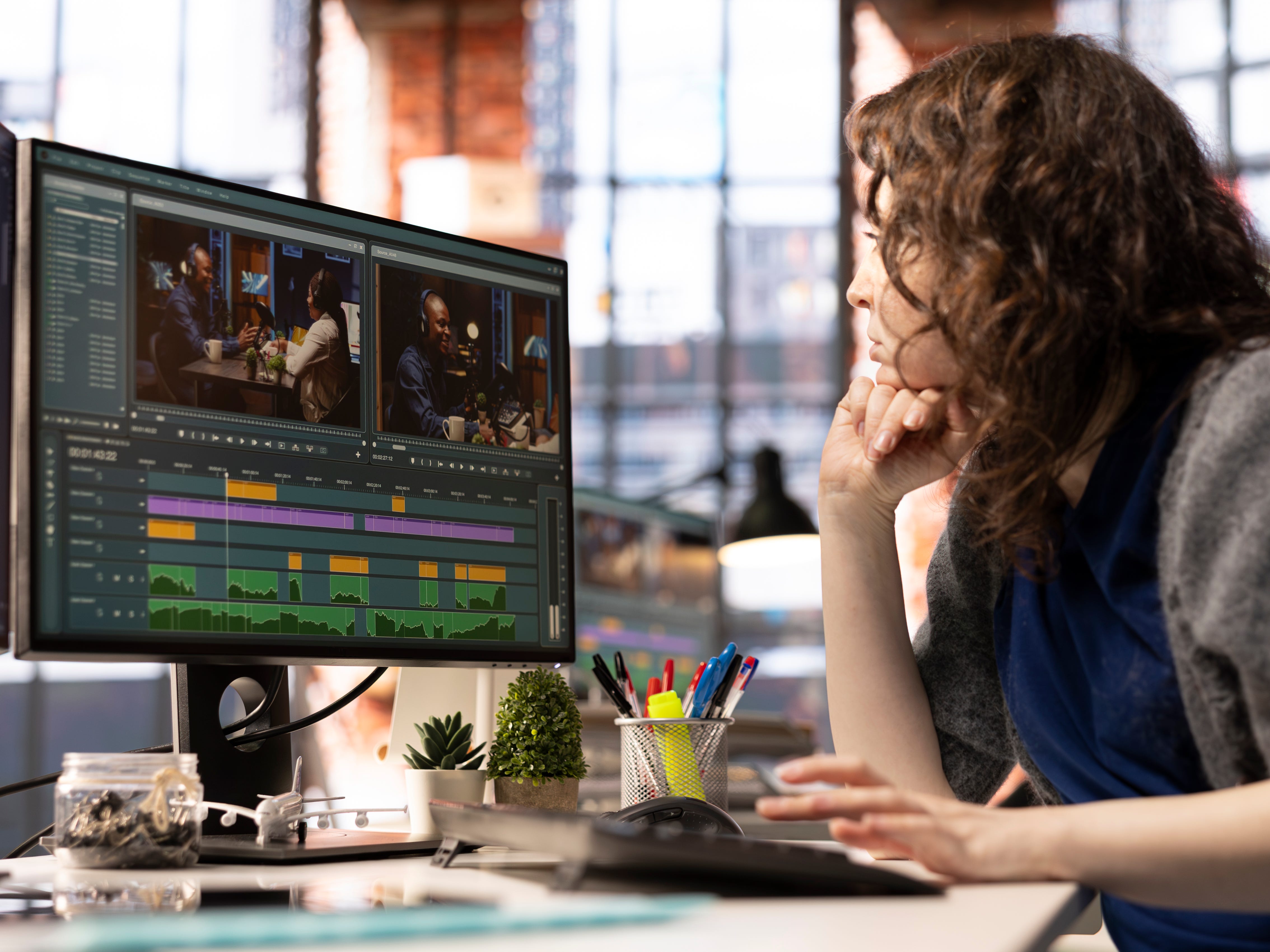 a woman starign a computer while editing a film
