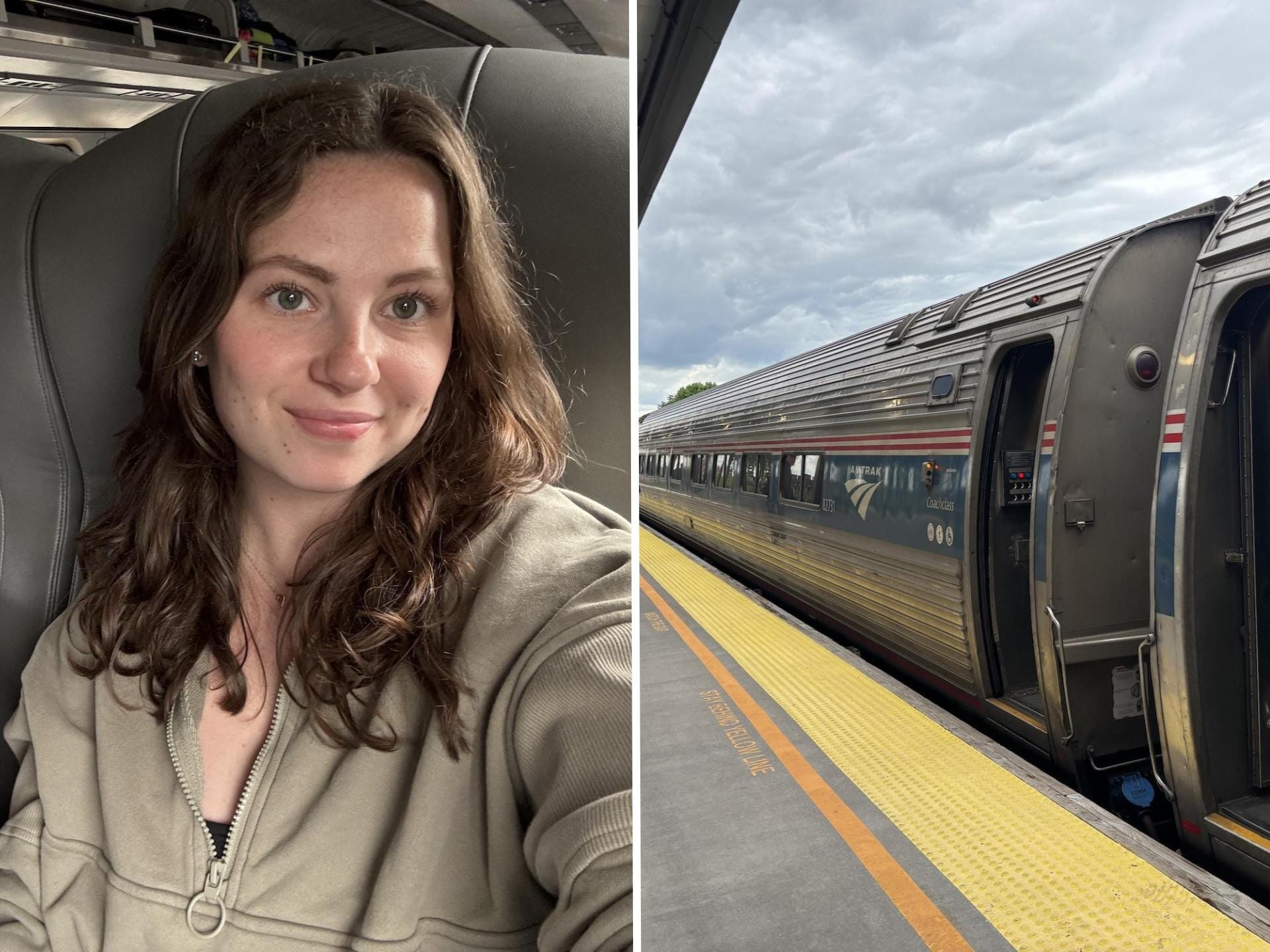 A side-by-side of a selfie of a woman in a seat and an Amtrak train.