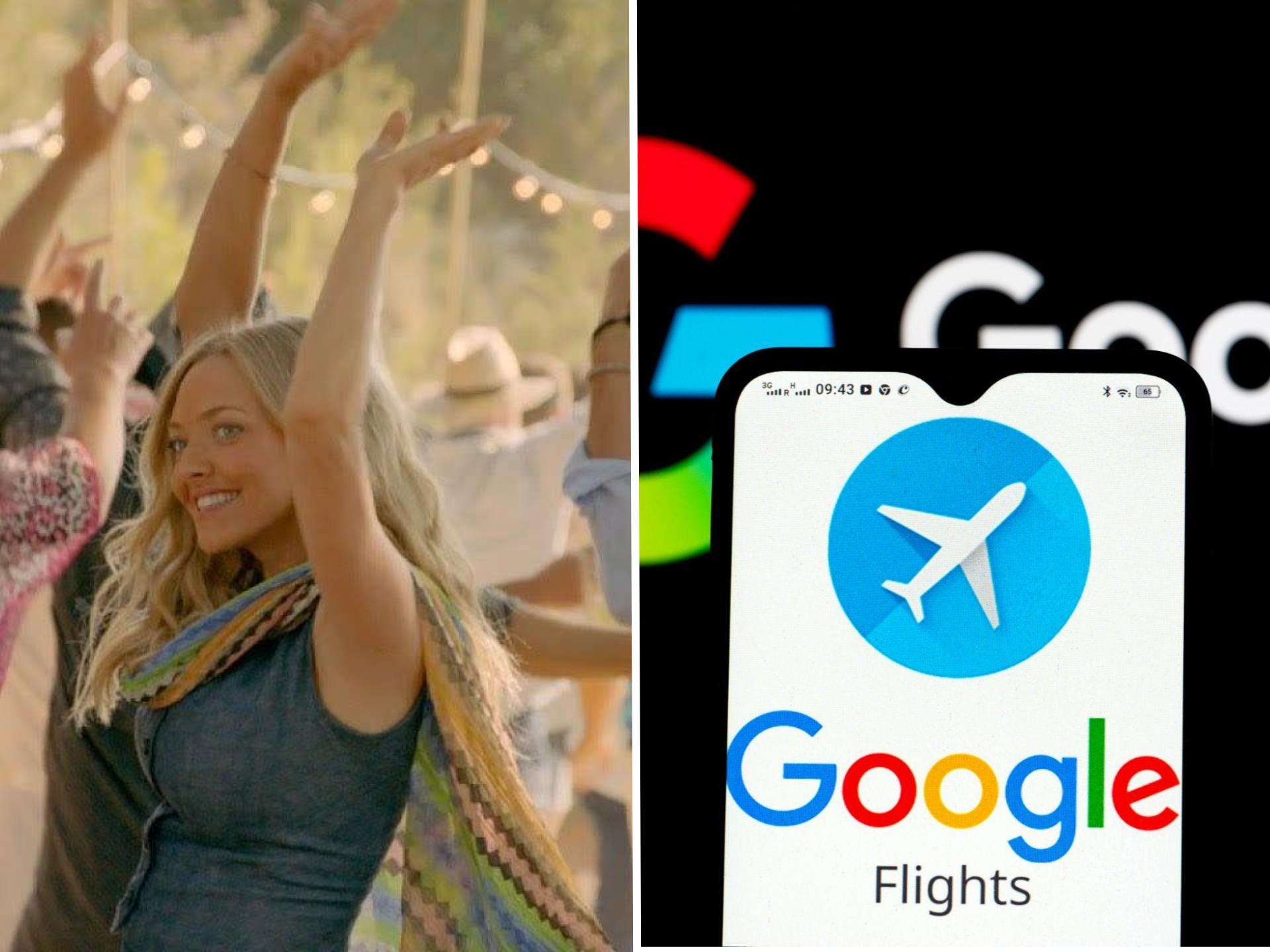 Amanda Seyfried in "Mamma Mia! Here We Go Again" and a Google Flights logo.