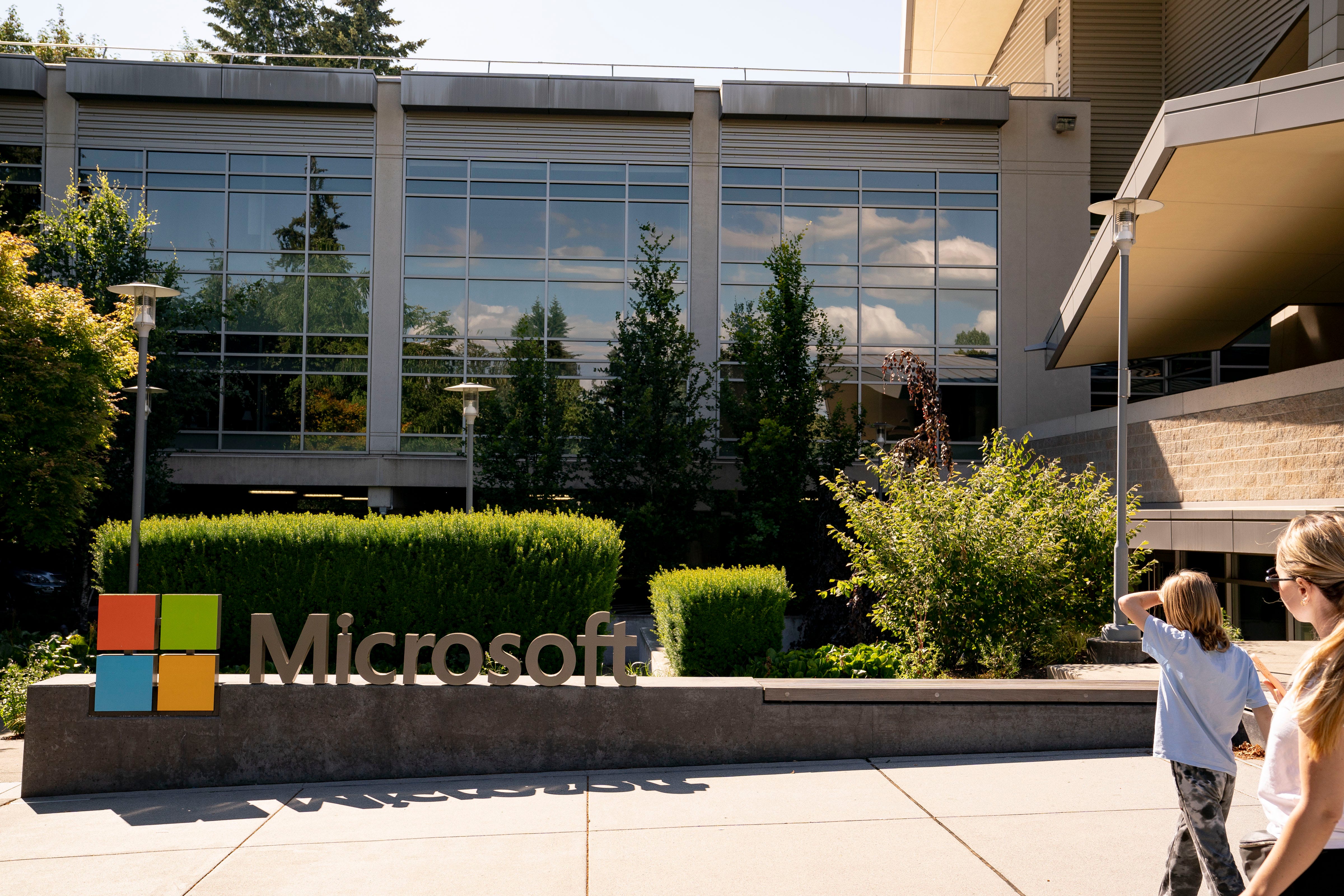 A sign is seen at the Microsoft headquarters on July 3, 2024 in Redmond, Washington