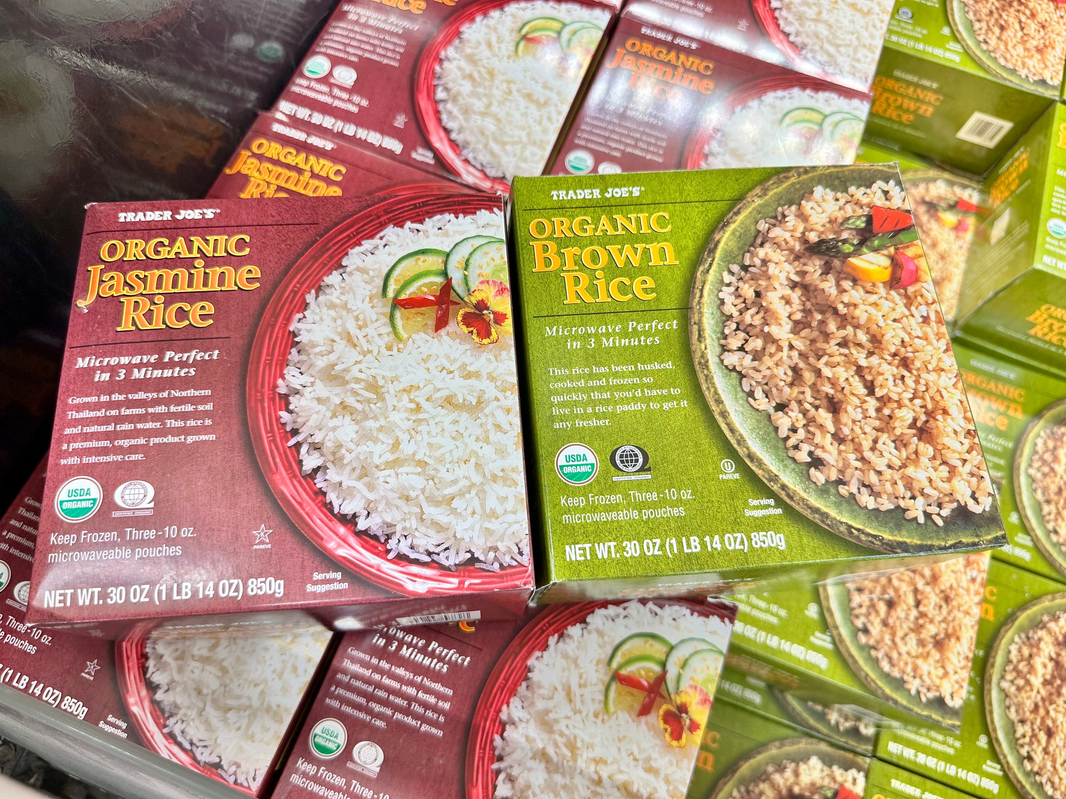 Boxes of Trader Joe's frozen Jasmine rice and brown rice