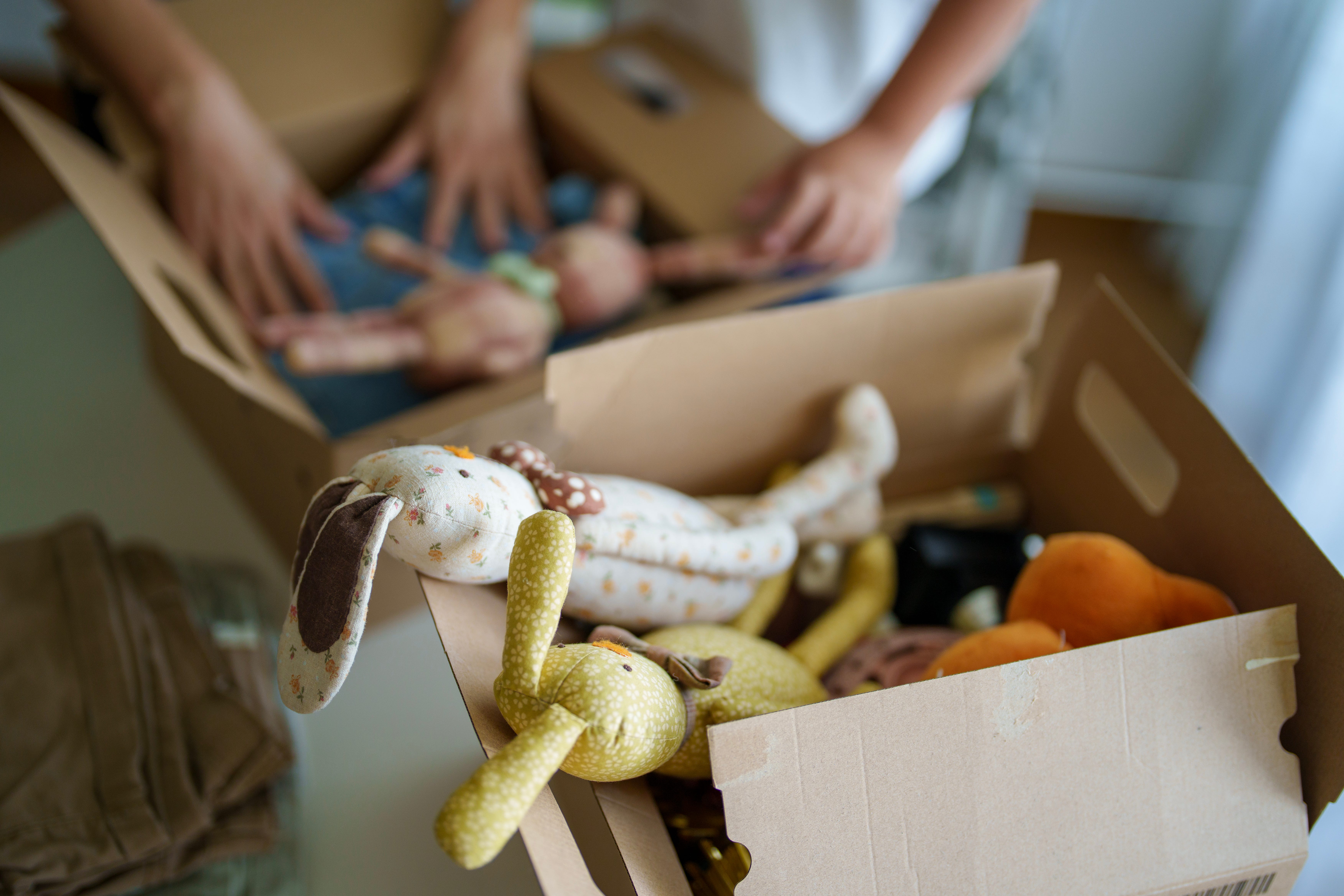 Kids toys in boxes.
