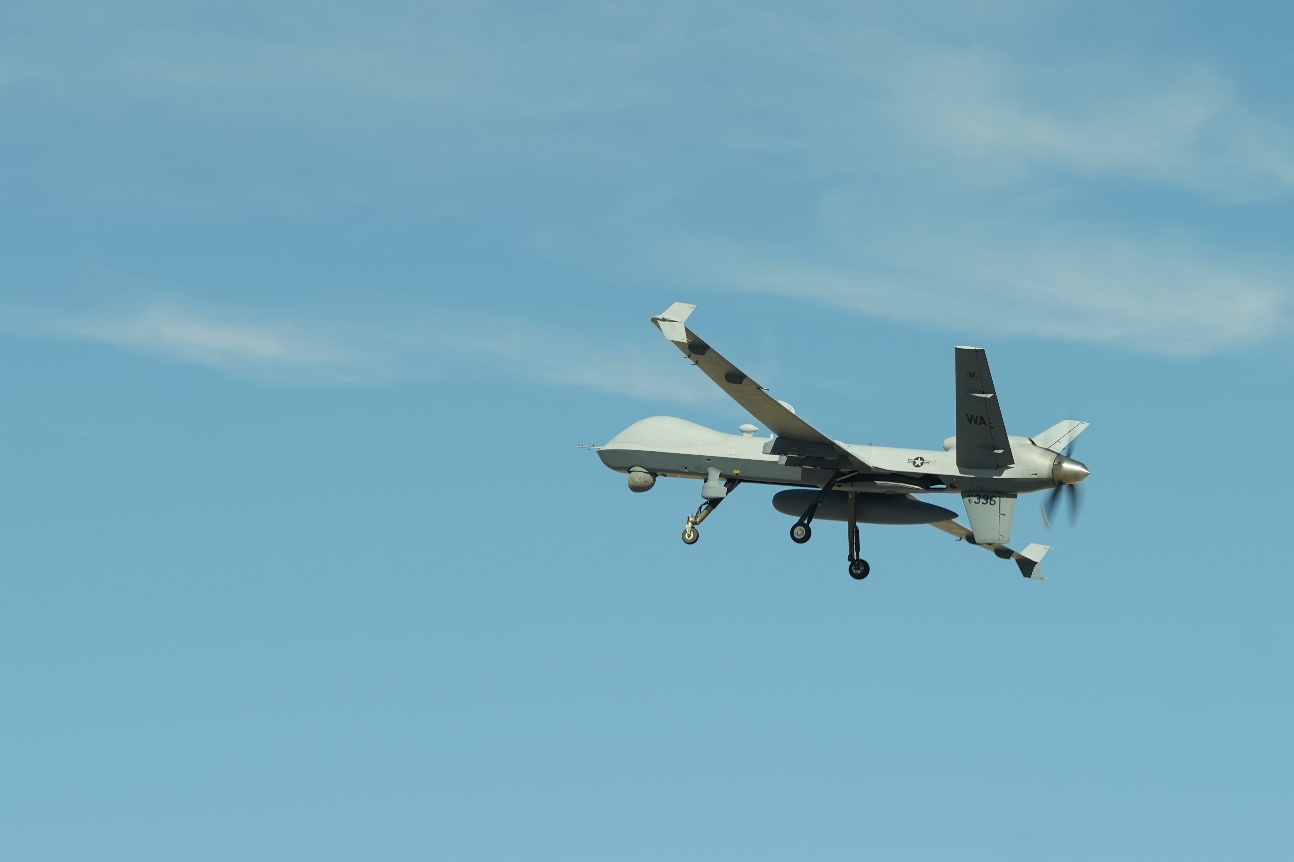 An MQ-9 Reaper remotely piloted aircraft assigned to the 432nd Wing lifts off from Creech Air Force Base, Nevada, in February 2025.