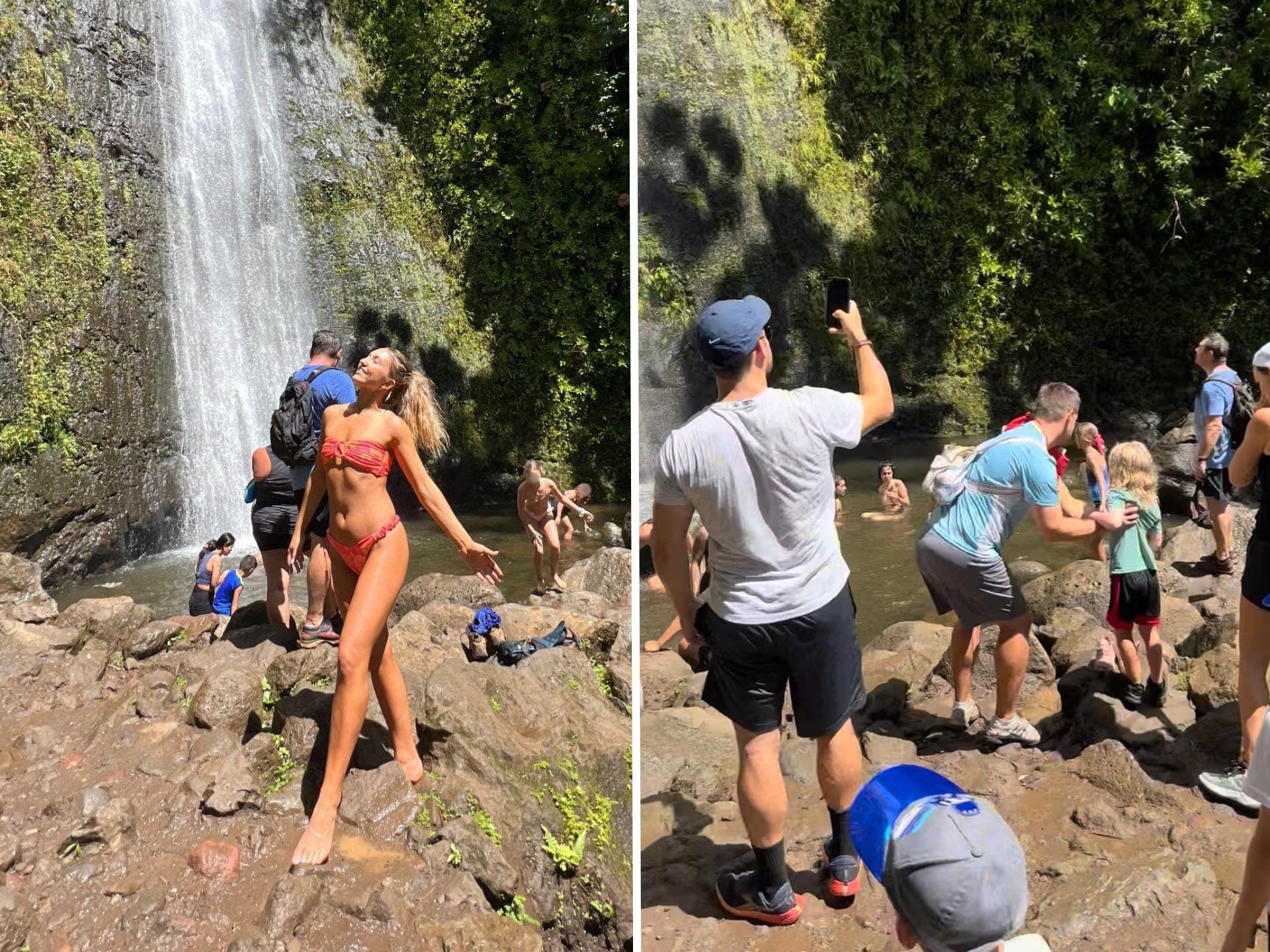 A composite image of Chloe posing in a bathing suit in front of a waterfall, and crowds of tourists in the same spot.