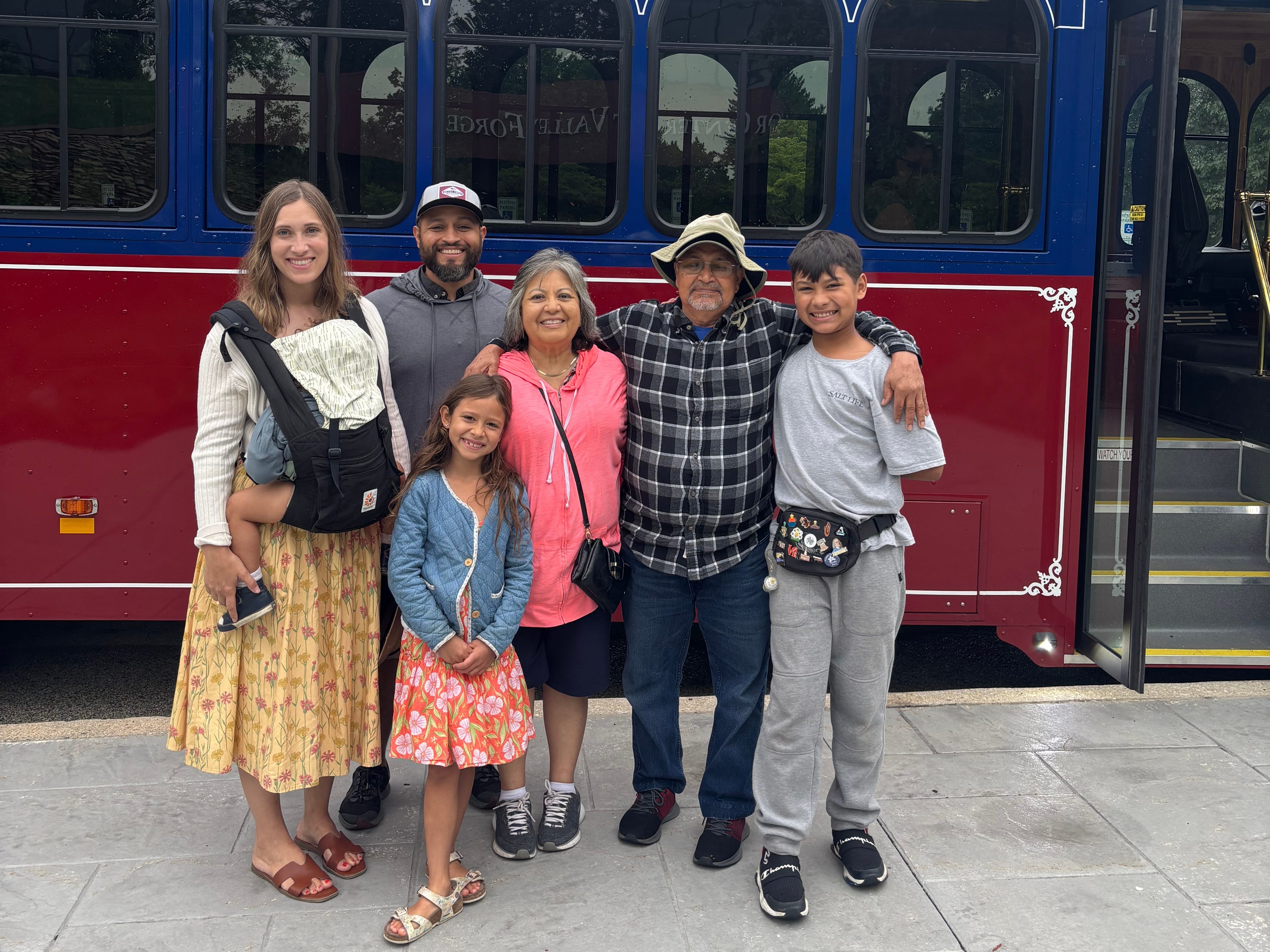 The author and her family in front of a trolley to Valley Forge.