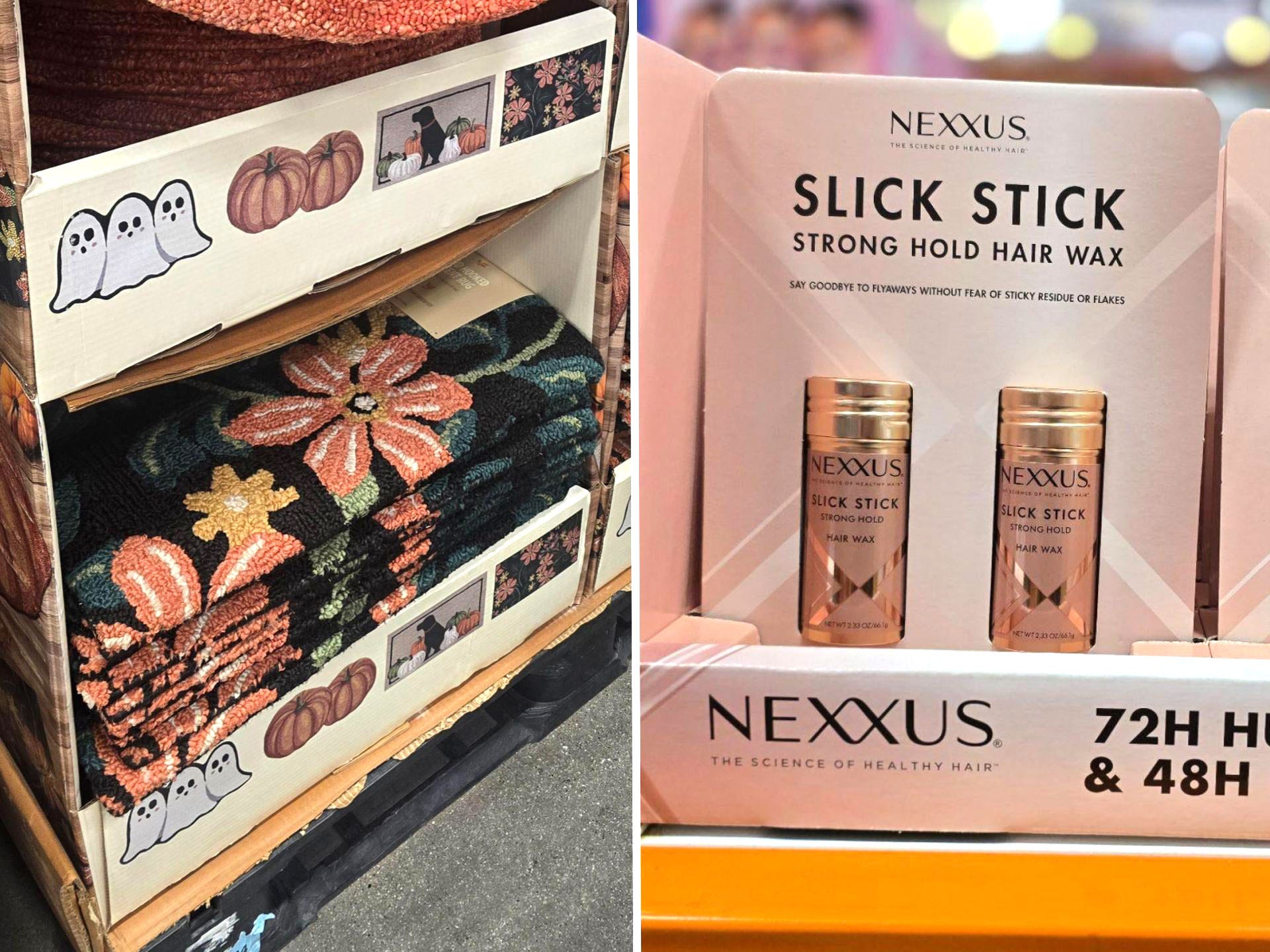 A composite image of a display of fall-themed accent rugs and a twin pack of Nexxus Slick Stick hair wax.