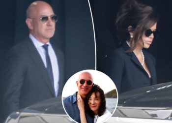 Jeff Bezos gets support from Lauren Sanchez as they arrive hand-in-hand at his mom’s funeral