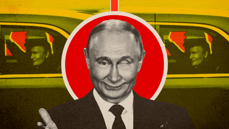 Vladimir Putin winking in front of an image of him and Donald Trump in a motorcade in Alaska