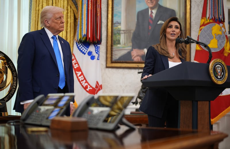 Alina Habba on March 28 delivering remarks before being sworn in as the interim U.S. Attorney for New Jersey as U.S. President Donald Trump looks on in the Oval Office. A judge found her serving as Acting U.S. Attorney unlawful.