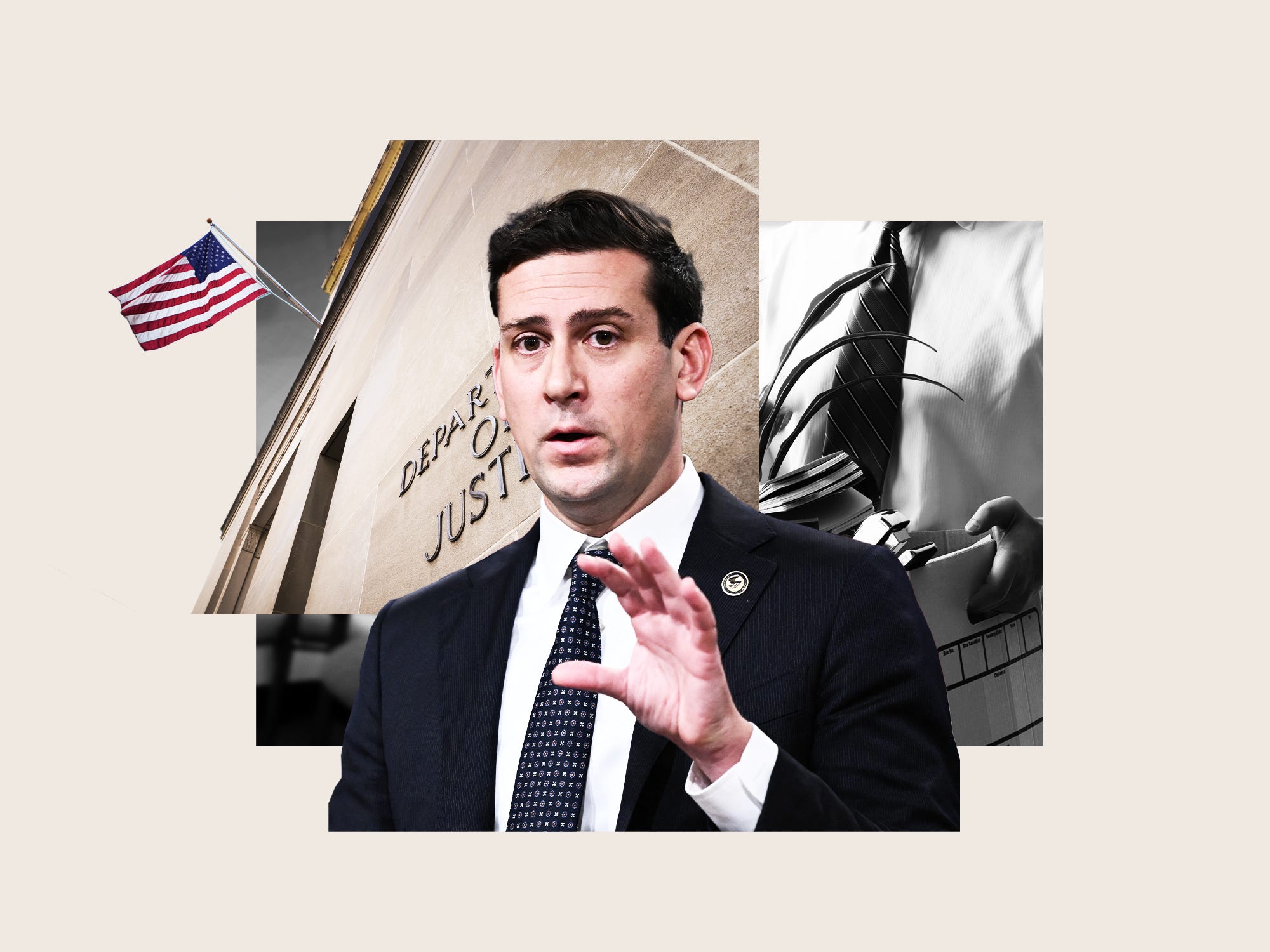 Photo collage featuring Department of Justice Headquarters, Matthew R. Galeotti, Head of the Justice Department's Criminal Division and businessman carrying box of personal items.