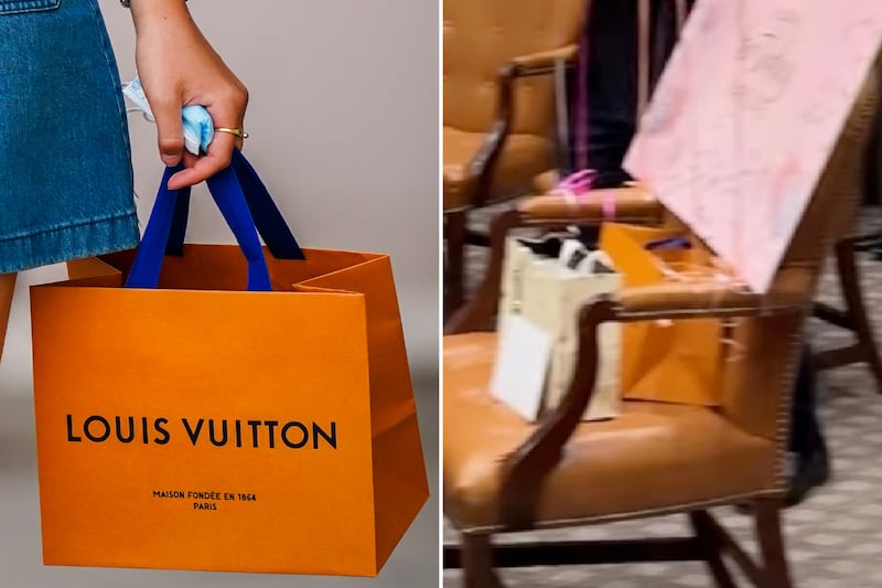 Louis Vuitton bag—easily recognizable by its saffron-colored paper and dark blue handles.