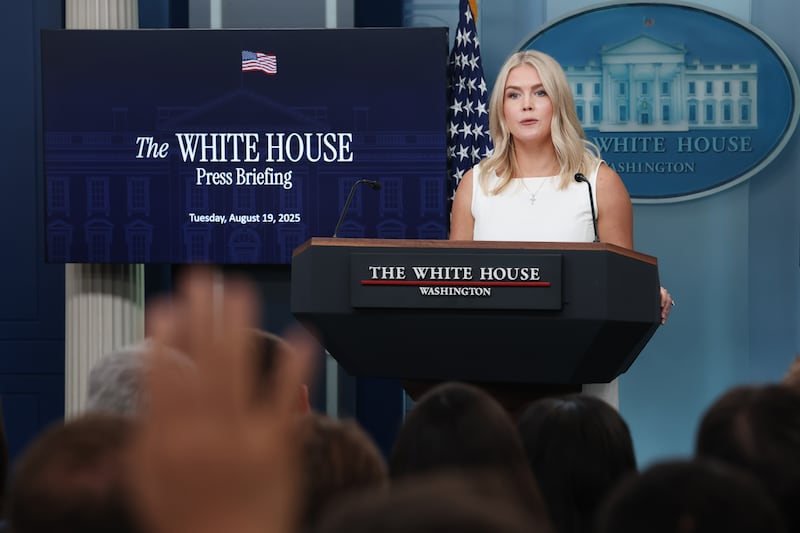 WASHINGTON, DC - AUGUST 19: White House press secretary Karoline Leavitt speaks during the daily press briefing in the Brady Press Briefing Room at the White House on August 19, 2025 in Washington, DC. Leavitt spoke on President Trump's recent peace talks aimed at ending Russia's war in Ukraine. (Photo by Anna Moneymaker/Getty Images)