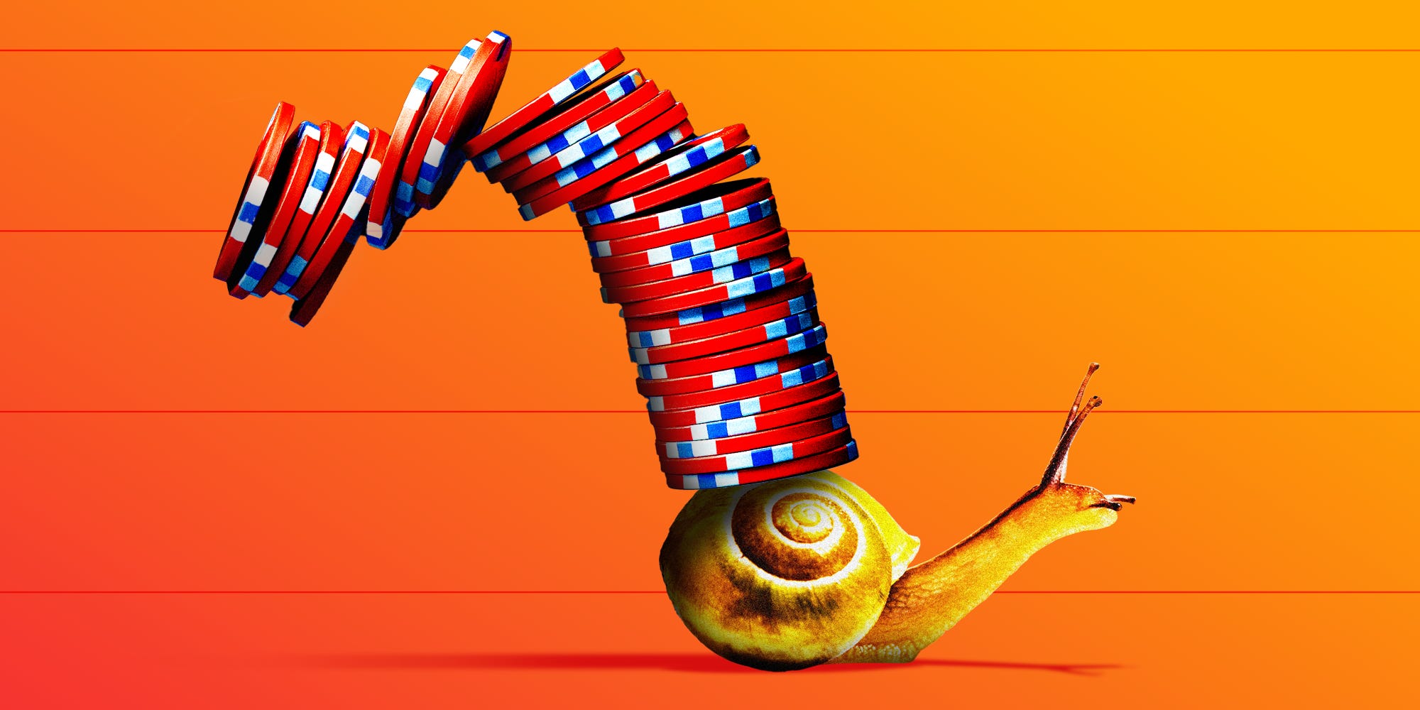A snail carrying falling poker chips