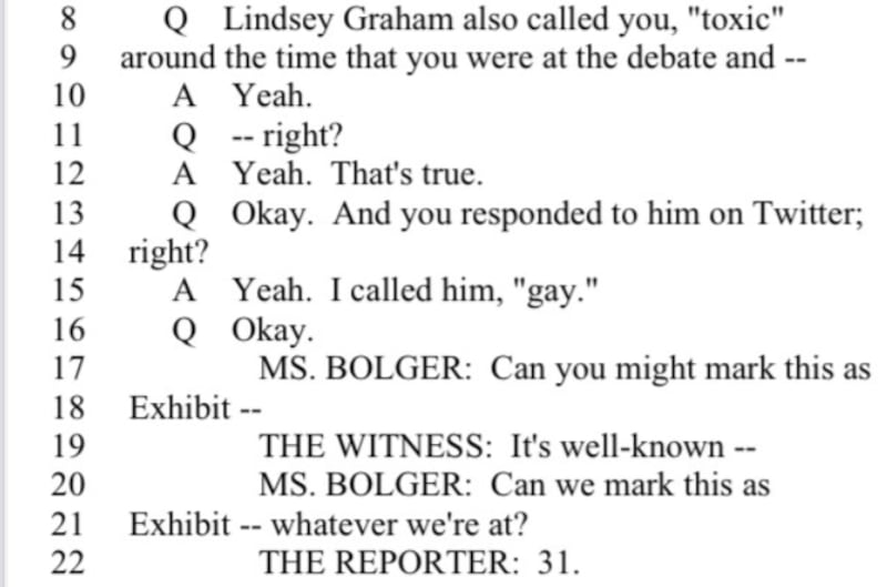 Laura Loomer’s deposition went viral this week. Her answers follow the “A” and “THE WITNESS.” She was questioned by the HBO attorney, Bolger.