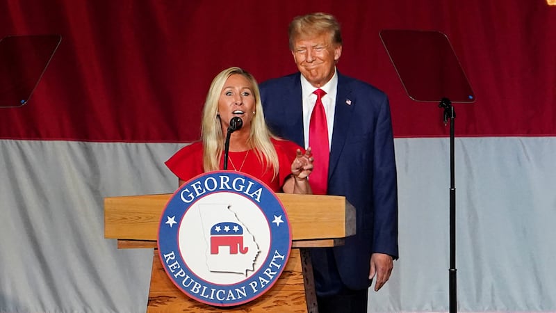 Former U.S. President and Republican presidential candidate Donald Trump and U.S. Rep. Marjorie Taylor Greene (R-GA) attend the Georgia Republican Party convention in Columbus, Georgia, U.S. June 10, 2023.