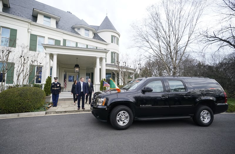 Taoiseach Leo Varadkar and partner Matt Barrett arrive for a breakfast hosted by US Vice President Kamala Harris at her official residence in Washington, DC, during his visit to the US for St Patrick's Day. Picture date: Friday March 15, 2024. (Photo by Niall Carson/PA Images via Getty Images)