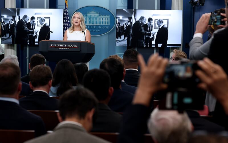 White House press secretary Karoline Leavitt hits out at the media over Russia  during the press briefing at the White House on August 19, 2025