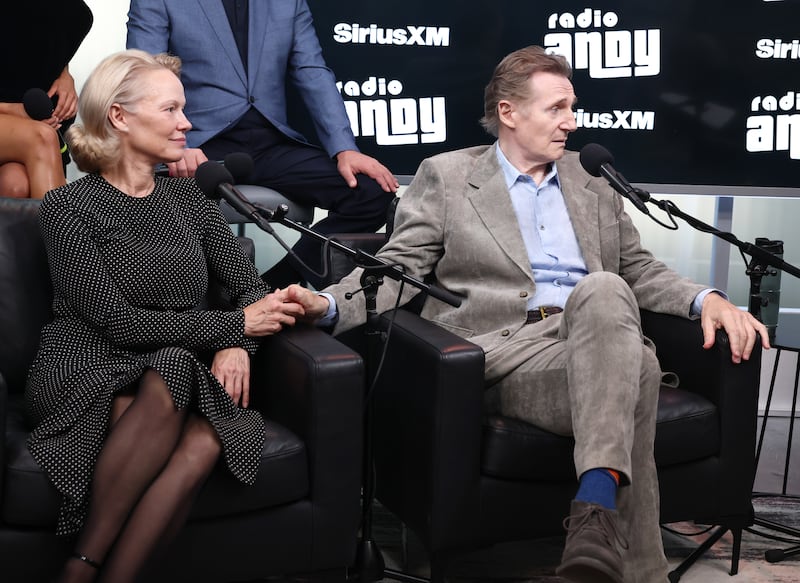 NEW YORK, NEW YORK - JULY 30: Pamela Anderson and Liam Neeson speak during SiriusXM's Town Hall with the cast of 