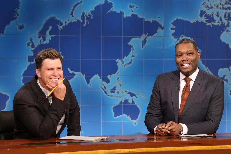 Anchor Colin Jost and anchor Michael Che during Weekend Update on Saturday, May 17, 2025.