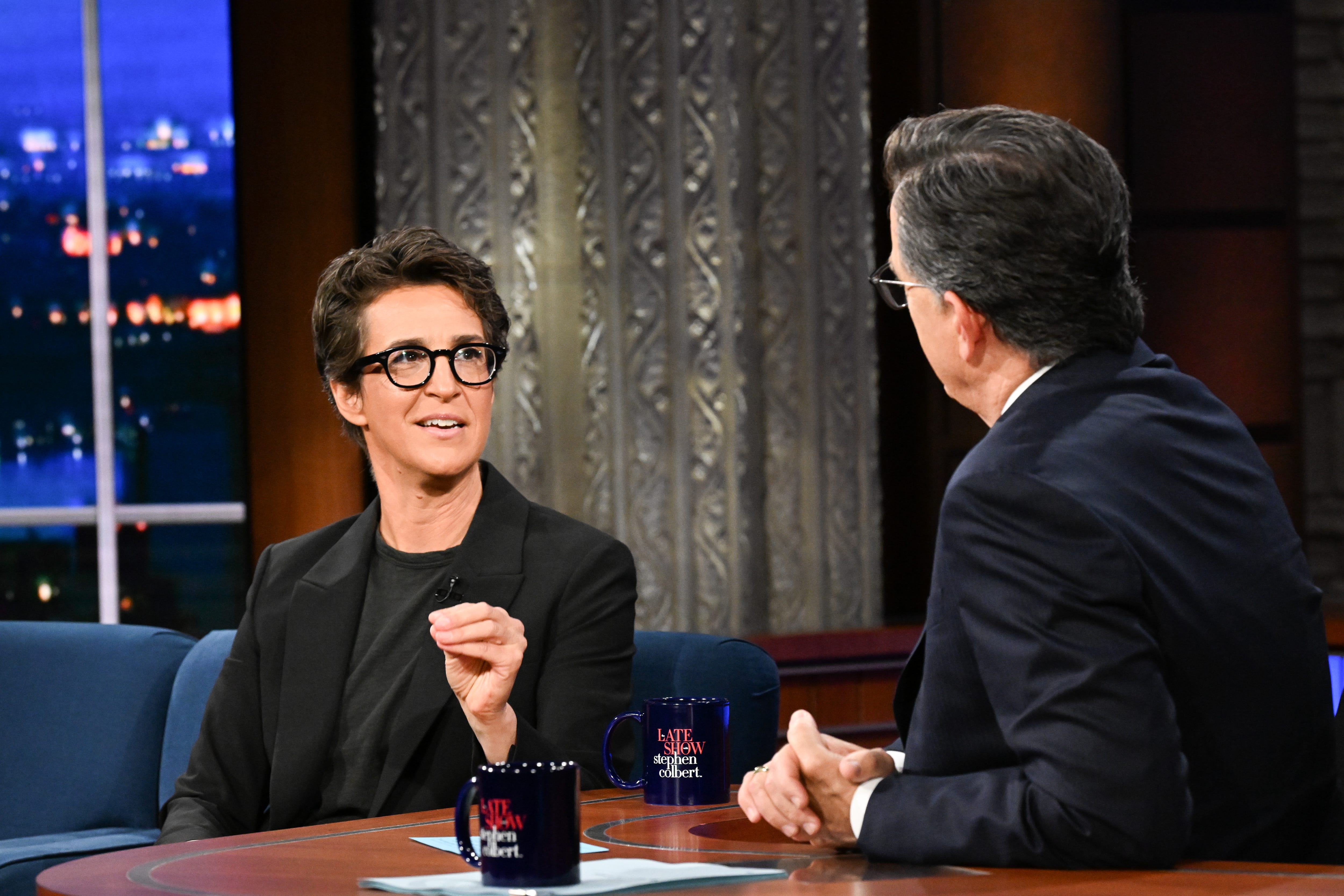 NEW YORK CITY - SEPTEMBER 18: The Late Show with Stephen Colbert and guest Rachel Maddow during Wednesday's September 18, 2024 show. (Photo by Scott Kowalchyk/CBS via Getty Images)