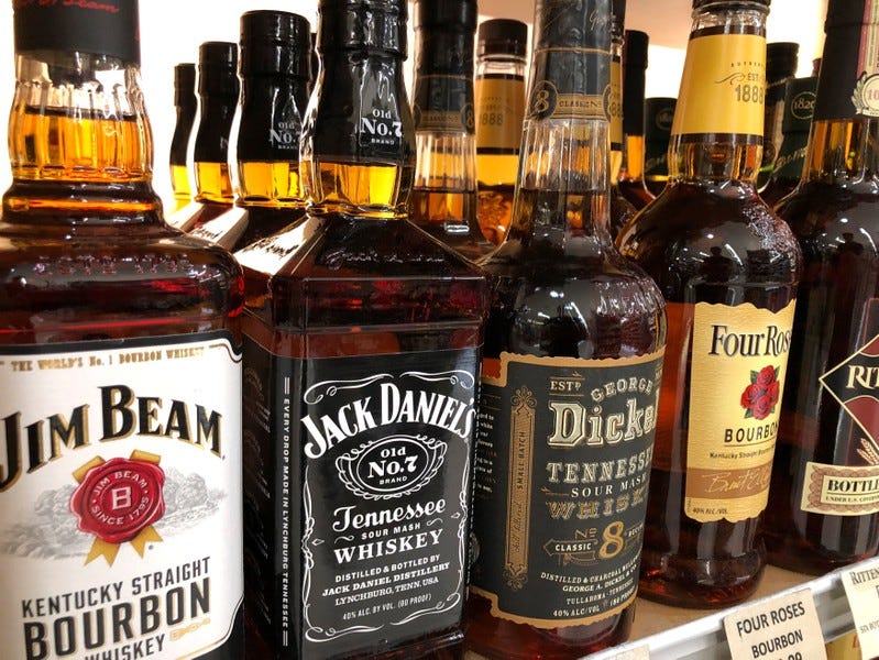 A bottle of Jack Daniels is shown for sale among other brands in the liquor section of a food market in Encinitas, California, U.S., June 6, 2018. Picture taken June 6, 2018. REUTERS/Mike Blake