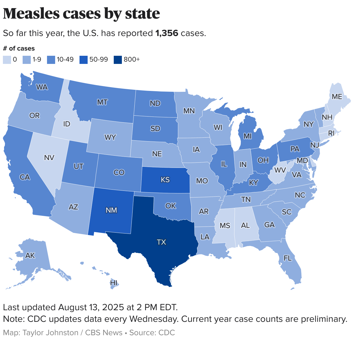 U.S. map showing number of reported cases of measles in 2025.