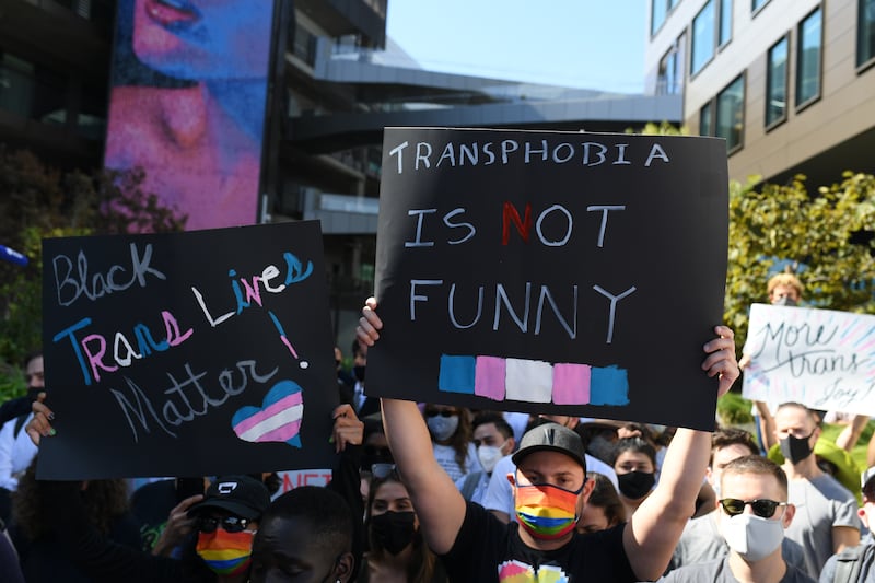 Protesters gather outside the Netflix offices to protest the company's response to Dave Chappelle's special 'The Closer' on October 20, 2021